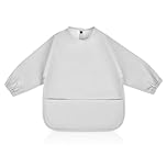 Vicloon Baby Weaning Bibs, PU Feeding Bibs with Long Sleeves and Large Pockets, Waterproof Toddler Bibs Easy to Clean, Suitable for Babies From 6 Months to 12 Months - Light Gray