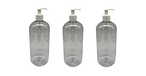 Natural Farms 3 Pack – 32 oz - Clear Boston Plastic Bottles - White Pump- for Essential Oils, Perfumes, Cleaning Products