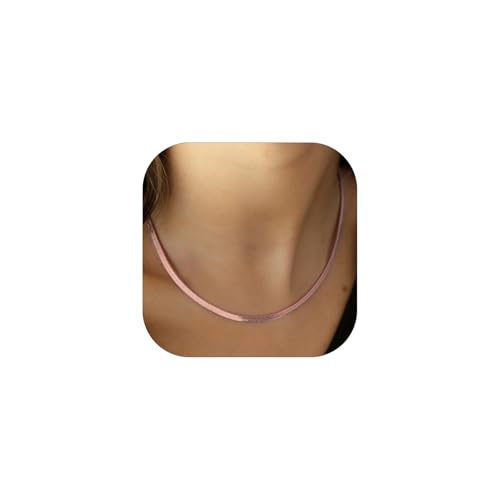 FindChic Herringbone Choker Necklace for Women, Black/Stainless Steel/14K Gold/Rose Gold Plated Adjustable Flat Snake Chain Necklaces, 3/5MM Width 12.5/15/18 Inches, with Jewelry Gift Box 15