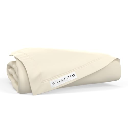Image of QuickZip Fitted Plus Spare Bundle: 1 Fitted Sheet (Base + Zip Sheet) & 1 Zip Sheet - Easy to Change, Won't Pop Off - Soft Percale 400 TC 100% Cotton - 15 inch Deep Pockets RV King Size Sheets - Ivory