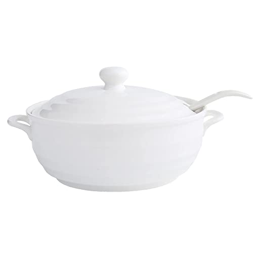 MGHRUEWH Sopera De Cerámica Blanca Pura con Doble Asa, Redonda, Blanca, con Tapa Blanca, Resistente Al Calor.,1200ml