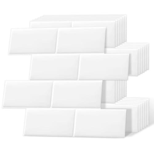 DEWOO Autoadhesivos Azulejos Baldosas Adhesivas Pared Adhesivos Metro Ladrillo 3d Cocina Baño Blanco,10-Piezas (32 x 27cm)