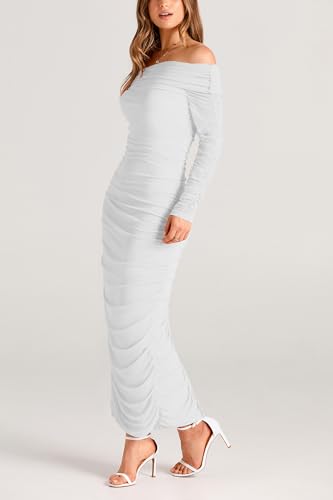 PRETTYGARDEN Women's Fall Off The Shoulder Maxi Dress Spring Long Sleeve Ruched Fitted Bodycon Club Dresses with Slit