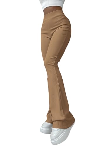 Image of Jawdrobe Women's High Waist Ribbed Flared Pants Stretchable Slim Fit Bootcut Trousers Soft Knit Casual Wear for Daily Office Travel (for Ideal Height 5.3)