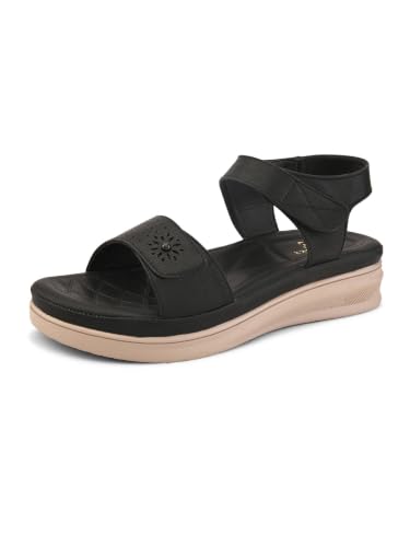 Image of XE Looks Women's Open-Toe Comfort Sandals with Floral Cutwork Detail | Soft Cushioned Footbed, Secure Back Strap & Lightweight Low Wedge Sole | Casual Walking Sandals for Women & Girls