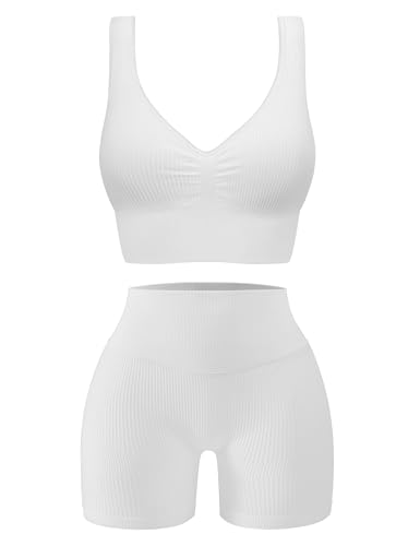 OLCHEE Womens Workout Sets 2 Piece Seamless Ribbed Acid Wash Yoga Outfits Shorts and Sports Bra Matching Gym Set - White Medium