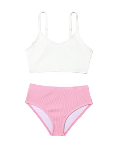 Image of WDIRARA Toddler Girl's 2 Piece Swimsuits Ribbed Color Block High Waisted Bikini Beach Sport Bathing Suit