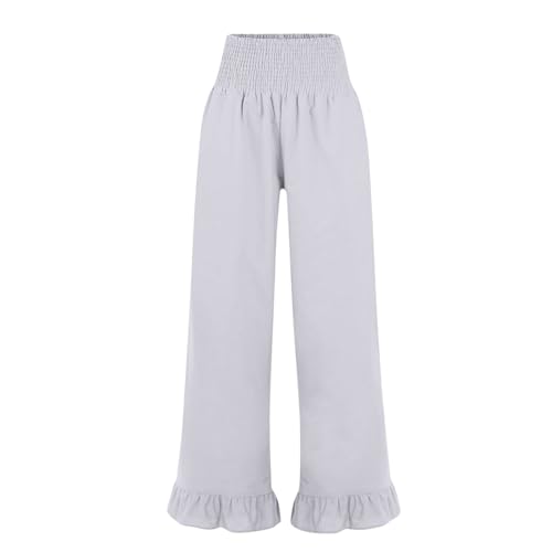 Image of Palazzo Pants for Women Linen Smocked Elastic Waist Ruffle Wide Leg Pants Summer Beach Flowy Boho Pant with Pockets