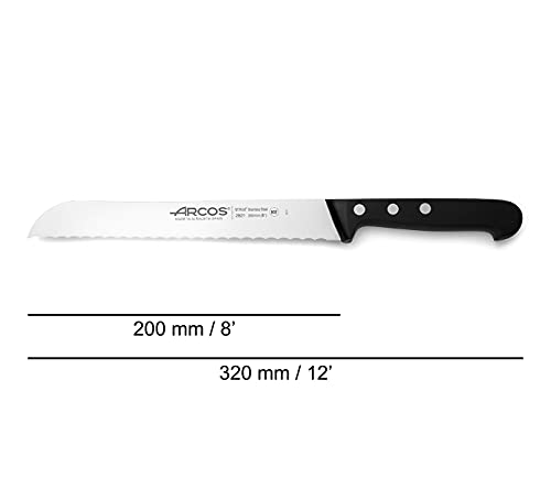 Arcos Bread Knife 8 Inch Nitrum Stainless Steel and 200 mm blade. Obtain a great variety of cuts for your food. Ideal knife for daily domestic use. Series Universal. Color Black