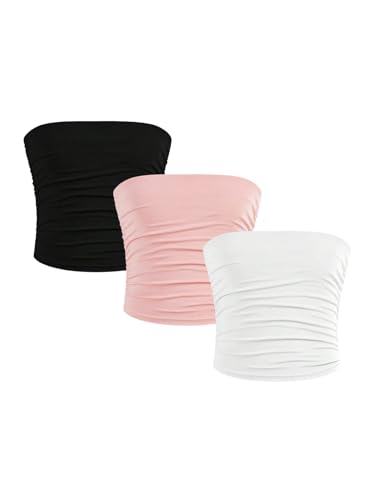 Milumia Girl's 3 Pack Tube Tops Ruched Strapless Sleeveless Solid Basic Bandeau Tops