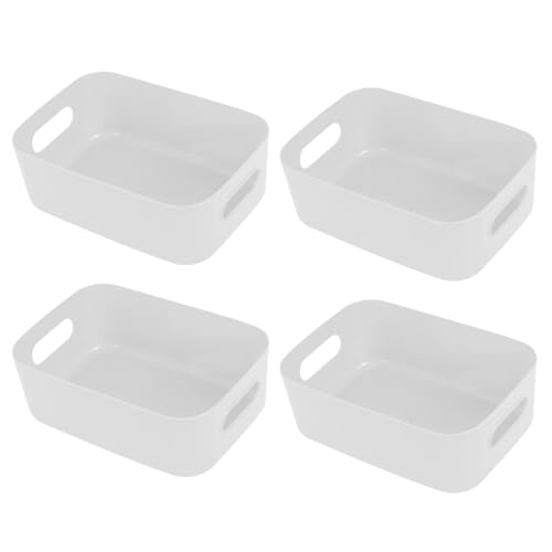 Hwtcjx 4 Piezas Cajas Organizadoras de Plastico, Cestas Almacenaje Cocina, Cesta de Almacenamiento con Asas, Caja Almacenamiento, Cestas Organizadoras para Oficina, Baño, 15.5 x 11 x 5.5 cm (Blanco)
