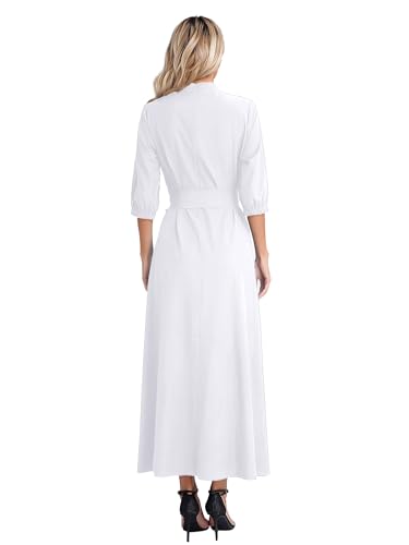 FEESHOW Women Church Dresses Mock Neck Clergy Gown Maxi Long Dress Work Wear Business Dress with Belt3