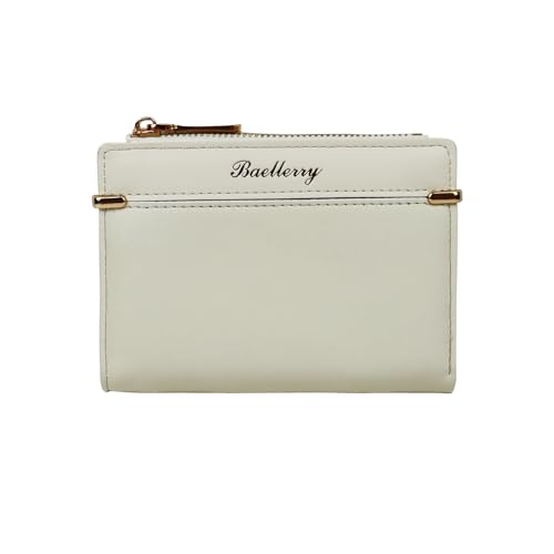 FuninCrea Small Wallet for Women, PU Leather Wallet Women Slim Wallet Bifold Zipper coin Pocket Card Holder Wallet with ID Window and Cash Slot, Compact Solid Color Ladies Wallet for Cion Card (White)