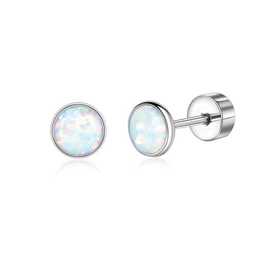 Titan Ohrringe Hypoallergen Damen Herren Mädchen G23 Titan Ohrstecker mit Schraubverschluss Kleine Opal Ohrstecker Weiß 5mm