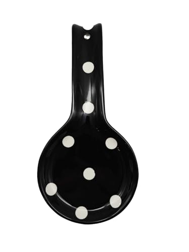 ACK Viva Collection Black with White Polka Dot Hand Painted Ceramic Spoon Rest, Cooking Spoon Holder for Kitchen Counter, Utensil Rest for Spoon, Ladle, Spatula, Kitchen Décor