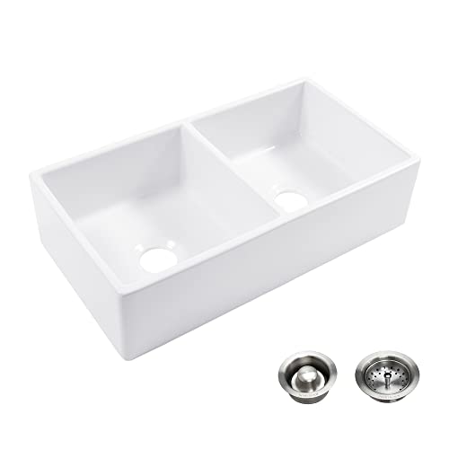 Sinkology K810-Bd66 Turner Farmhouse/Apron-Front 33 In. Double Bowl Drains Fireclay Kitchen Sink Kit, 33 Inch, Crisp White #TOP1