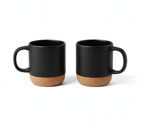 FUN FAN LINE - Pack de Tazas de Café Grandes de Cerámica 2 Unidades | Tazas Altas de Color Negro con Base de Corcho | Juego de Tazas Modernas para Desayuno y Té | Perfecto para el Hogar y la Oficina