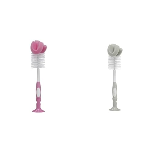 Dr. Brown's Reusable Sponge and Bristle Baby Bottle Cleaning Brushes with Nipple Cleaner, Pink and Grey 1-Packs image 2