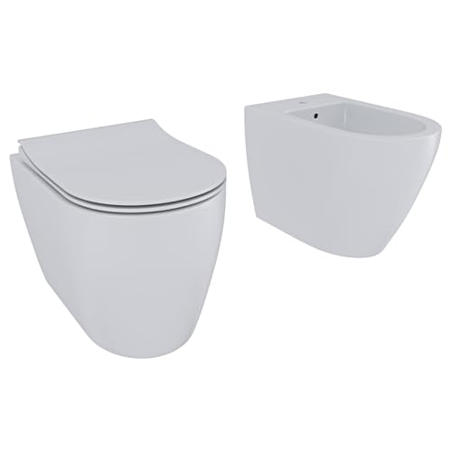 BRICOZONE Coppia Sanitari Filomuro Vaso WC Rimless Senza Brida E Bidet In Ceramica Filo Muro Filo Parete Design Moderno Con Copriwater Chiusura Soft Close Chiusura Rallentata (Bianco opaco)