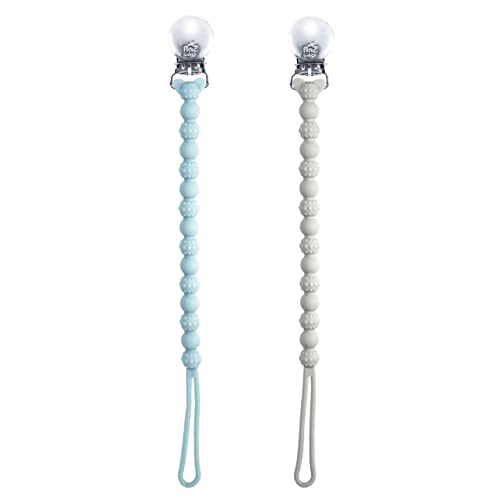 Image of RaZbaby Silicone Pacifier Holder 2 Pack, RaZzies Durable Textured Lanyard Fits Most Pacis Toys, 100% Soft BPA-Free Silicone, Attachable Clasp, Universal Fit, Lightweight – Blue/Grey