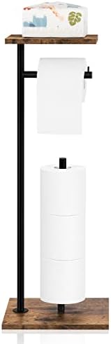 Toilet Paper Holder Stand Toilet Paper Roll Holder with Reserve Free Standing Toilet Tissue Holder Black Toilet Paper Storage Holder with Shelf for Bathroom Holds Wipe, Mobile Phone, Mega Rolls
