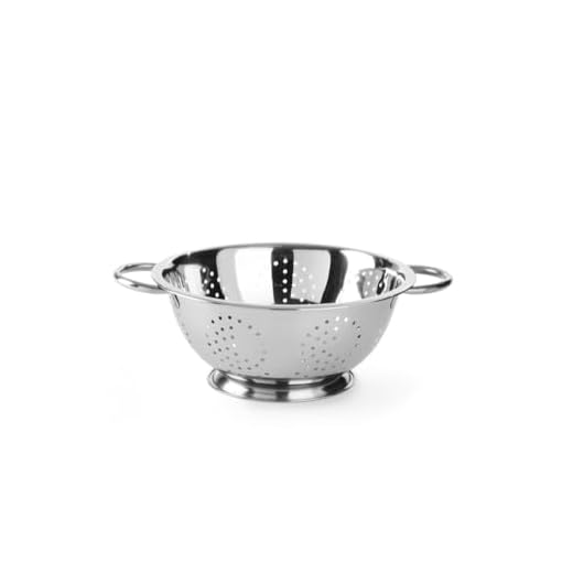 HENDI Escurridor de cocina, colador, para cocinar, lavar, pasta, fideos, espaguetis, frutas, verduras, ensaladas, redondo, perforado, con base y 2 asas, ø280x(H)135 mm, acero inoxidable