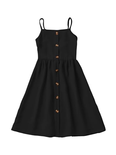 OYOANGLE Girl's Button Front Spaghetti Strap A Line Knee Length Dress Summer Sundress