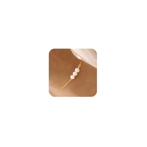 Gold Pearl Bracelets for Women, Dainty Natural Pearl Bracelets for Women Sliding Adjustable Box Chain Bracelets for Women Bridesmaid Wedding Gifts