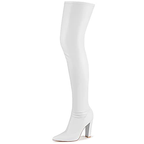 Women's Winter Over The Knee Boots Chunky Heels Thigh High Boots Block Heeled Stretch Suede Sexy High Heel Knee High Boots Side Zipper Long Boots White Matte PU Size US 10.5 CN 42