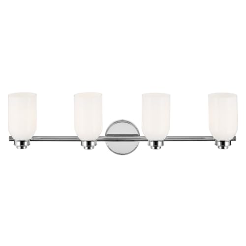 Image of Kichler Shae 4-Light Bathroom Vanity Light, Chrome | White opal glass vanity light for modern bathroom mirrors (32.25 inch x 9 inch), 55203CH