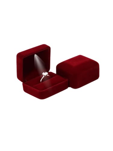 DELALO® Boîte à bague avec lumière LED - Écrin à bague en velours - Boîte à bague avec éclairage LED - Pour fiançailles, demande en mariage, mariage (Bordeaux) – vue 3