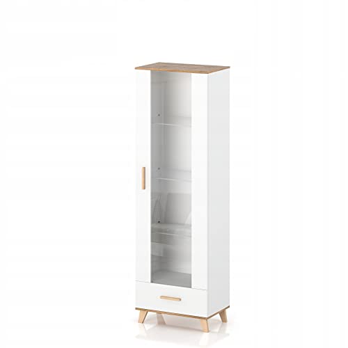 VBChome Vitrine 60 x 192 x 52 cm Weiß Vitrine mit DREI Glasfächer und 1 Schublade 1 Türe Holz Griffe Mehrzweckschrank für Flur Schlafzimmer Wohnzimmer Kinderzimmer