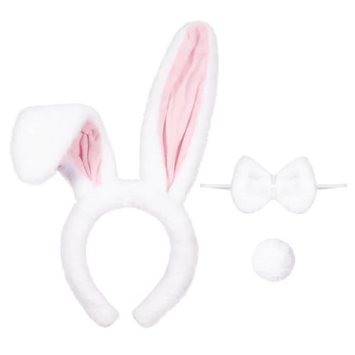 Thinp Bunny Ears and Tail, Bunny Ears Headband Cute Rabbit Ear Headband Fluffy Easter Bunnys Ear Halloween Cosplay Party Costume Accessories for Adult Women (White & Pink)