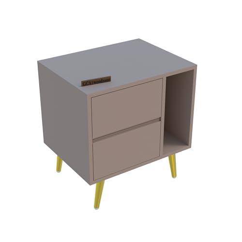 Image of Wooden Bedside Table for Bedroom | Bedside Nightstand with 2 Drawers & Open Shelf | Premium HDMR Wood with Iron Legs, Light Beige