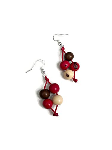 Collar tagua rojo marron beige juego de pendientes organicos 5