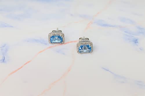 14K White Gold Genuine Blue Topaz Emerald Cut Diamonds Stud Earrings3
