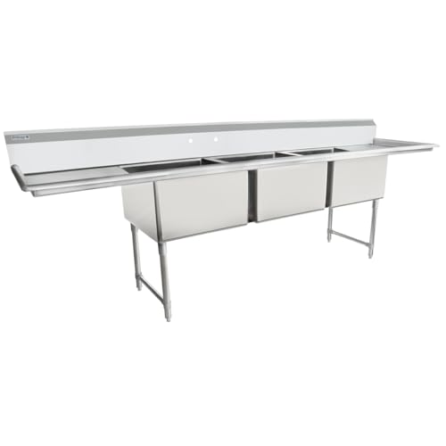 Image of EMPURA 124 inch Wide Stainless Steel Three Compartment Commercial Sink | Prep Utility 24 inch x 24 inch Bowl for Restaurant Laundry | (2) 24 inch Drainboard, 9.75 inch Backsplash, 124 inchW x 29.5 inchD x 44.25 inchH, 16 Gauge, NSF