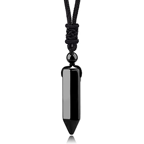 Hexagonal Crystal Points Pendant Necklace Black Obsidian Healing Stone Necklace Adjustable Rope Reiki Gemstone Necklace Handmade Jewelry for Men Women