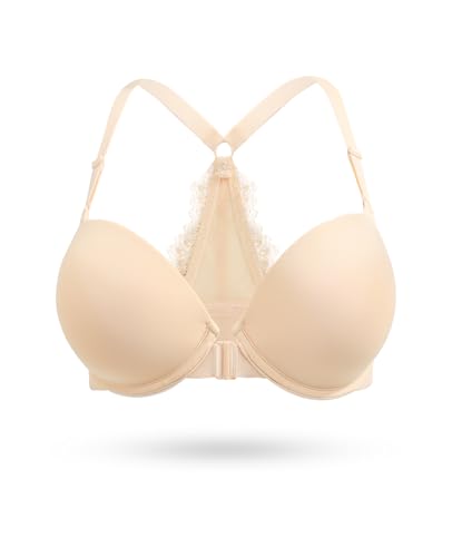 Upushall Racerback Bras for Women Front Closure Push Up Padded Bra Underwire, Nude 40A