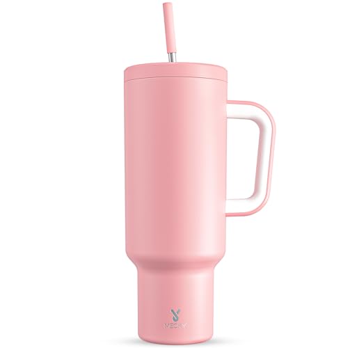 Meoky 50 oz Tumbler with Handle, Tumbler with Lid and Straw, Insulated Stainless Steel Travel Mug, 100% Leak-proof, Keeps Cold for 36 Hours or Hot for 12 Hours (Blush)