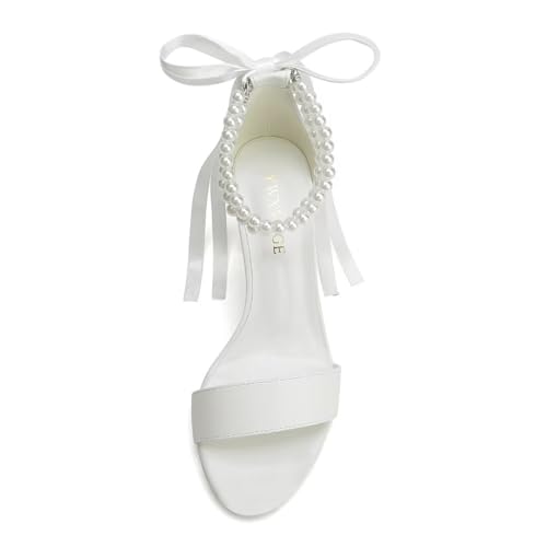 Block Heel Wedding Shoes for Bride Women Chunky Heeled Sandals Pearl Bridal Shoes2