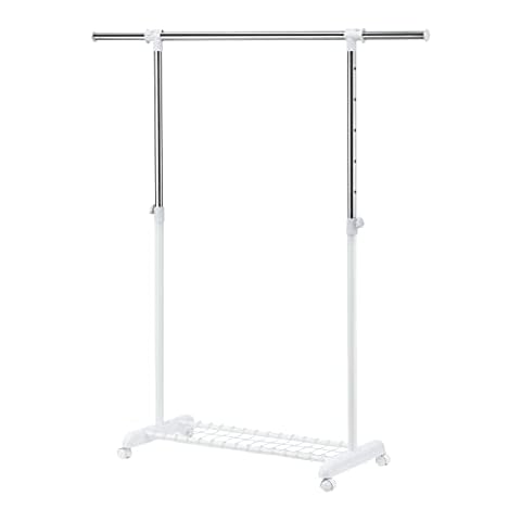 LiaMeE Adjustable Clothing Rack for Hanging Clothes, Heavy Duty Garment Rack with Wheels，Free Standing Rolling Clothes Rack with Shelf & Grid, Easy Assembly Standard Rod, White & Chrome Cover