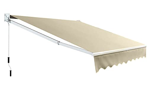 Hongk- Retractable (10'X 8) Manual Awning Aluminum Patio Sun Shade W/Crank Handle Water-Resistant Polyester Outdoor Patio Awning Cover Beige White [P/N: Et-Awning001-2.5-Beige] #TOP12