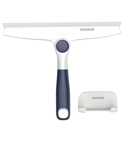 ROSEOK All-Purpose Silicone Squeegee for Shower Glass with Adhesive Hook, Pivoting Head, 10 Inch, Navy Blue, 1 Pack