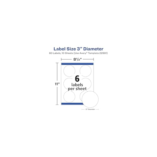 Image of Avery Glossy White Labels, Sure Feed Technology, 3 inch Round Labels, Print-to-The-Edge, Laser /Inkjet, 60 Total (22891)