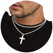 Cross Necklace for Men - 14K Gold Silver Black Plated Stainless Steel Layered Cross Chain Crucifix Necklace Cuban Link Herringbone Chain Box Chain Cross Pendant Fashion Jewelry Gifts 16 18 20 22 24 Inches