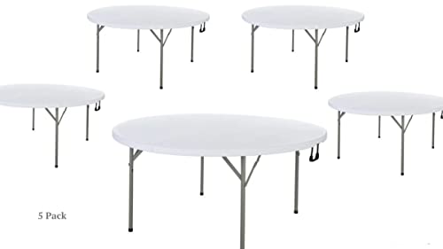 5 Pack 60 In. White Round Bi-Folding Table Round Tables For Parties Plastic Circle Table Outdoor Round Bi-Folding Table Foldable Round Table Portable Bar Table For Party Bi-Folding Desk Round Fold Up