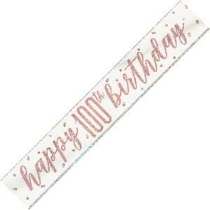 9ft Rose Gold Happy 100th Birthday Foil Banner Ladies Party Decoration Silver