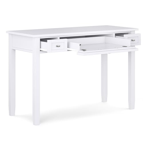 Image of SIMPLIHOME Warm Shaker Desk - 48 Inch Wide Solid Wood Writing Desk in White, Transitional Home Office Computer Table for Workspace or Study with Flip-Down Keyboard Tray and 2 Drawers