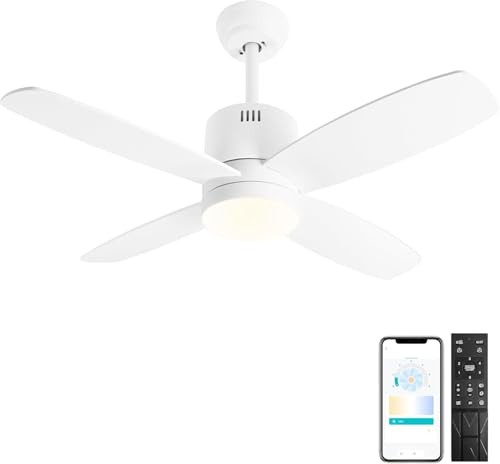 Ohniyou Ventilador de Techo de 38'' con Luz y Mando a Distancia, Luz LED regulable, 6 Velocidades, Función Reversible, Ventilador de Techo Silencioso para Patio Porche Dormitorio (Blanco)